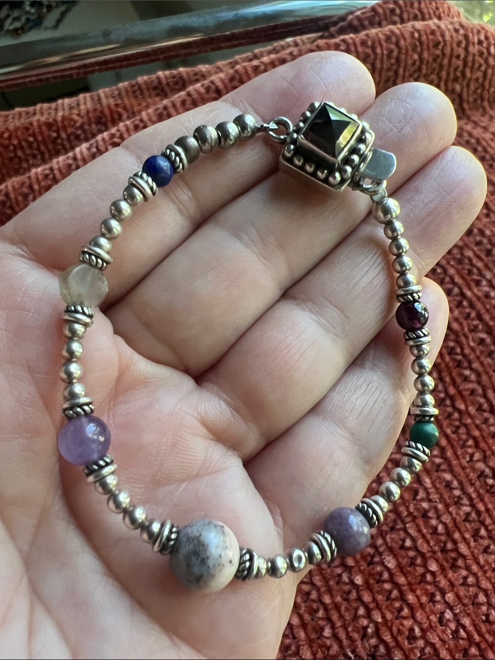 Sterling Silver Bead Bracelet with Multicolor Gem Accents